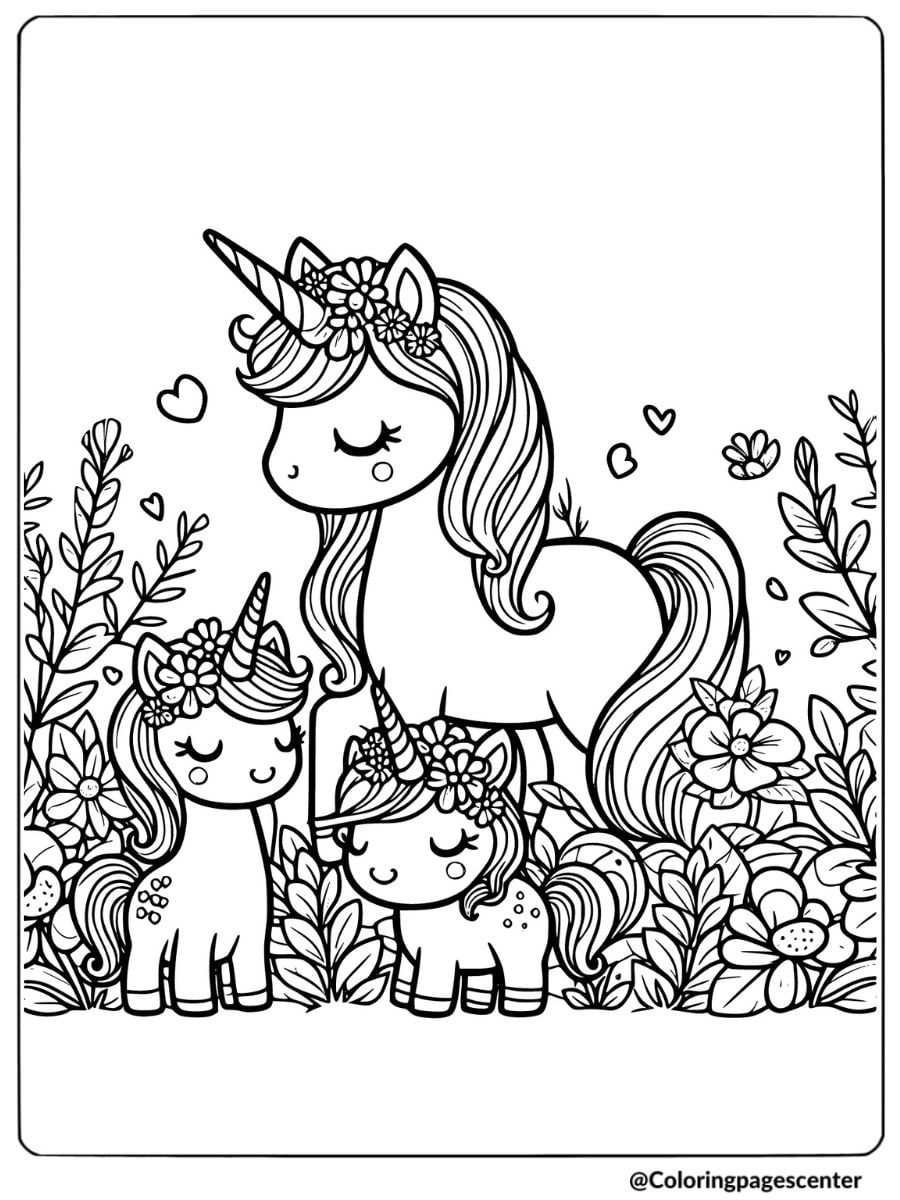 Happy unicorn family with flowers coloring page