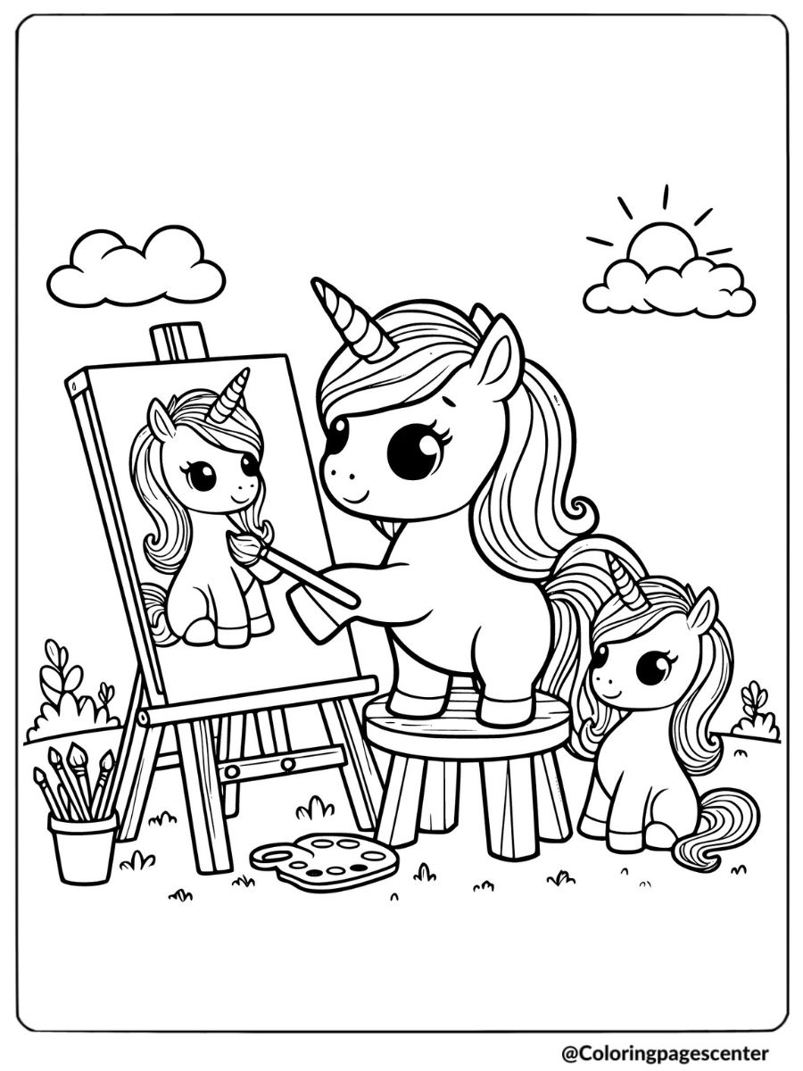 Unicorns enjoying painting on canvas coloring page