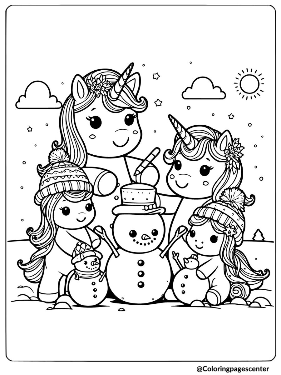 Unicorn family building snowmen together coloring page