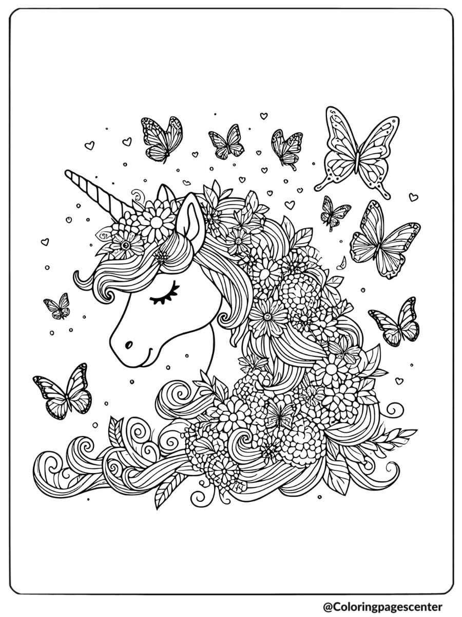 Unicorn head adorned with flowers and butterflies coloring page