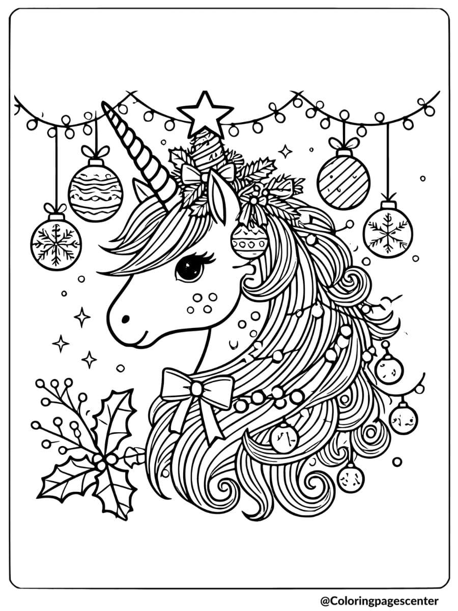Unicorn head decorated with holiday ornaments coloring page