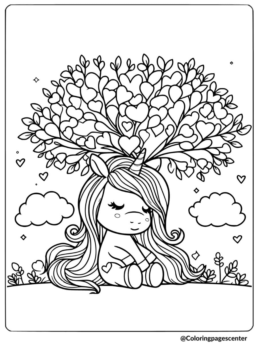 Coloring page of unicorn under a tree of hearts