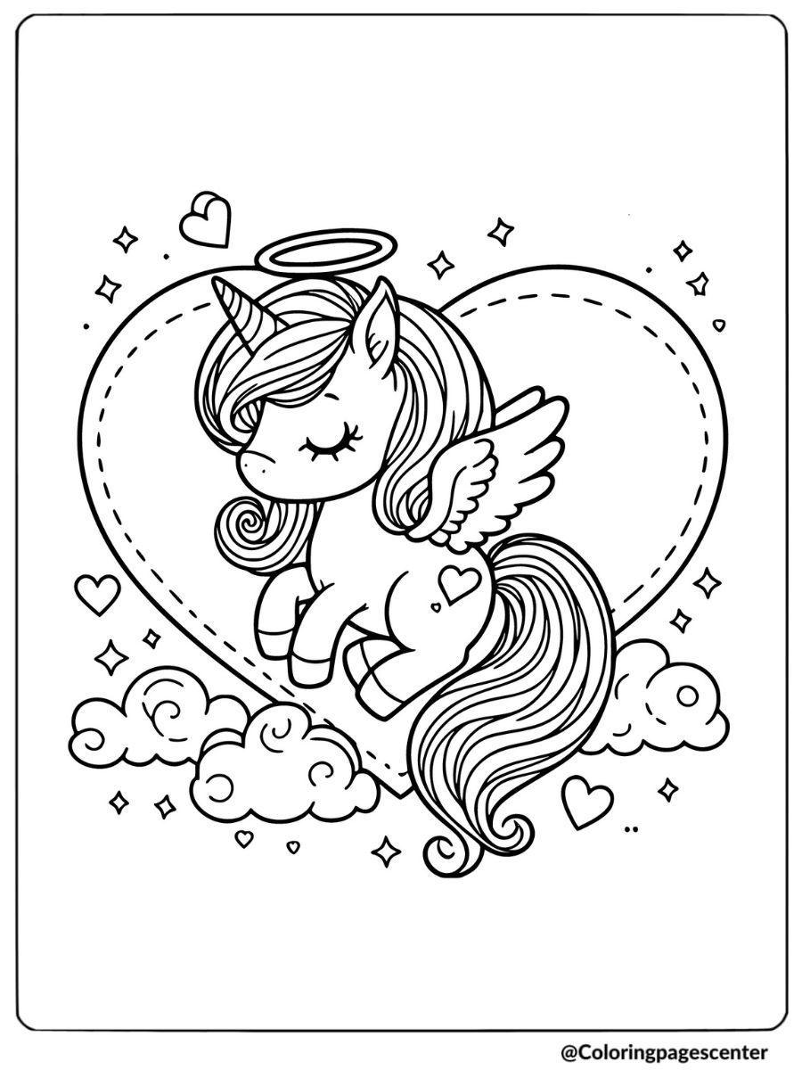 Coloring page of angelic unicorn with heart