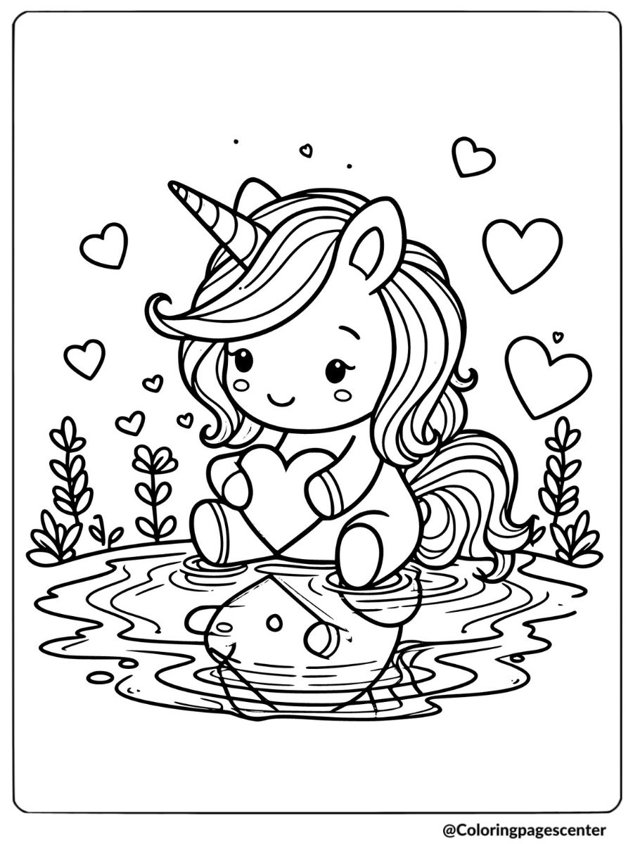 Coloring page of unicorn by a heart-shaped pond