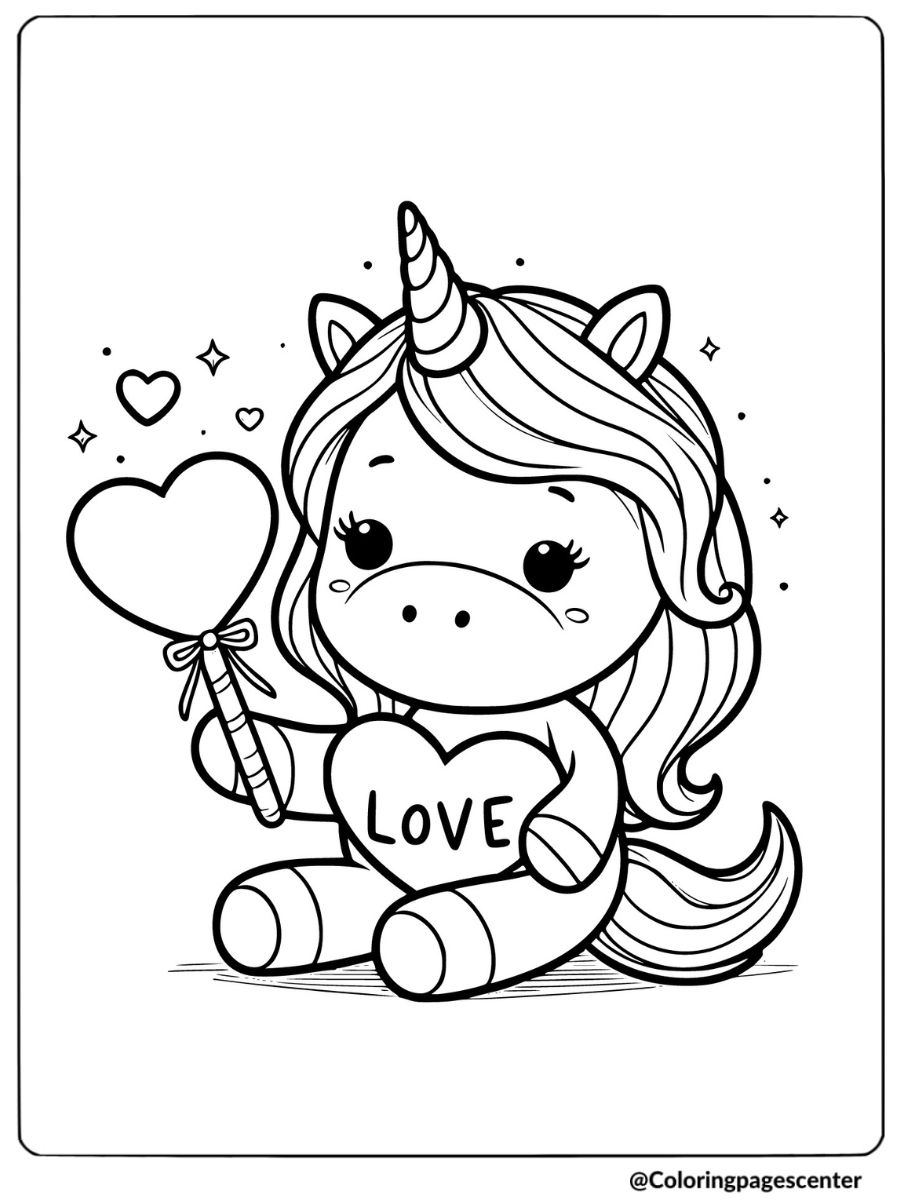 Coloring page of unicorn holding a love heart