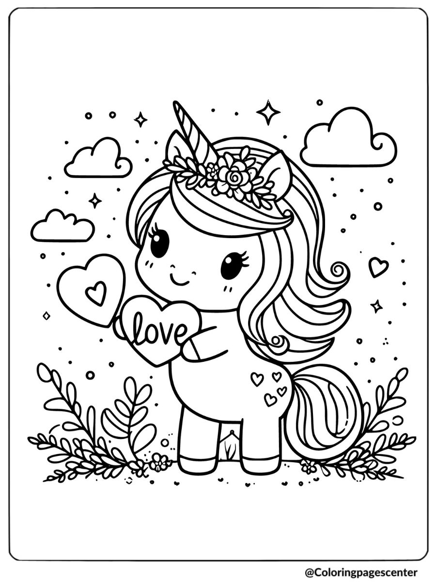 Coloring page of unicorn with heart sign