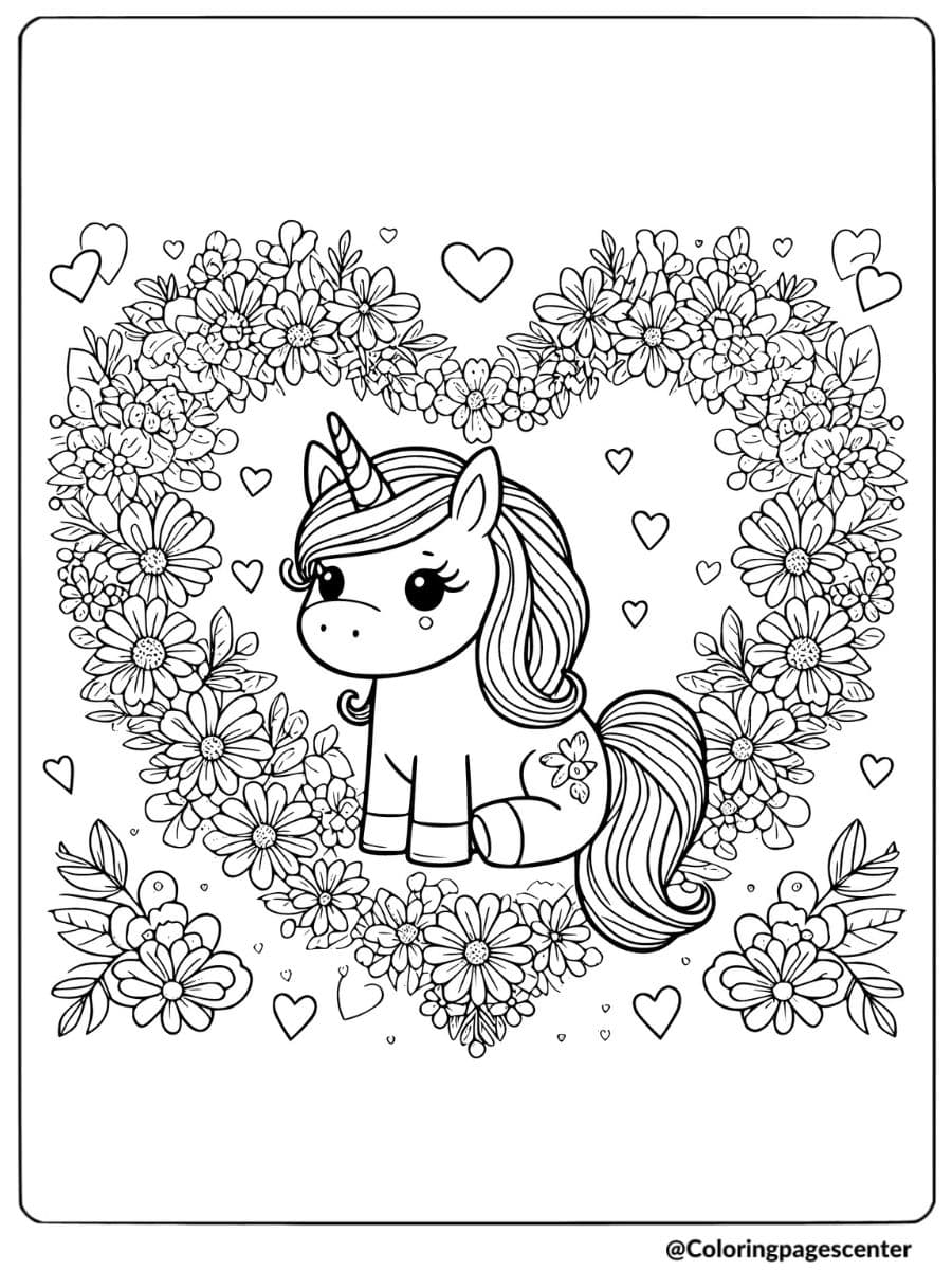 Coloring page of unicorn encircled by floral heart