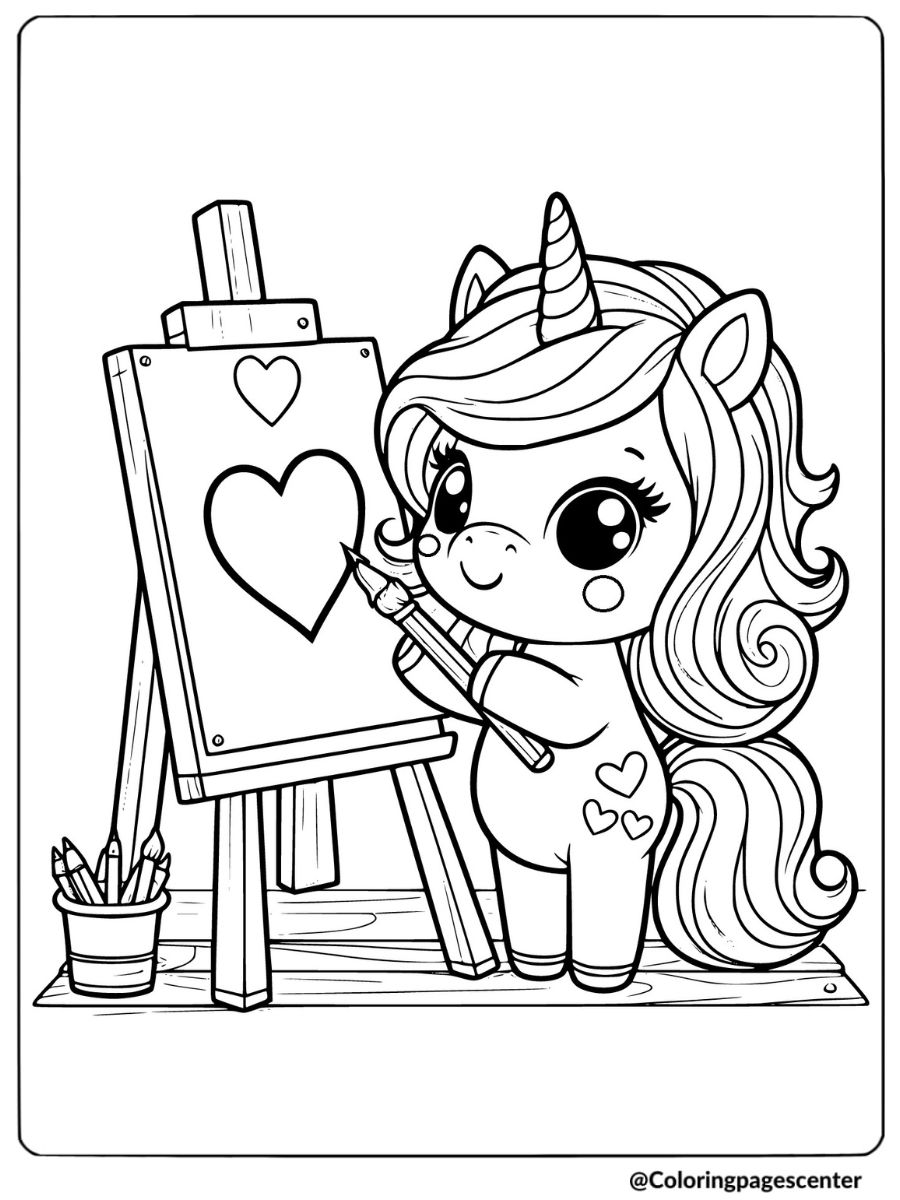 Coloring page of unicorn painting a heart