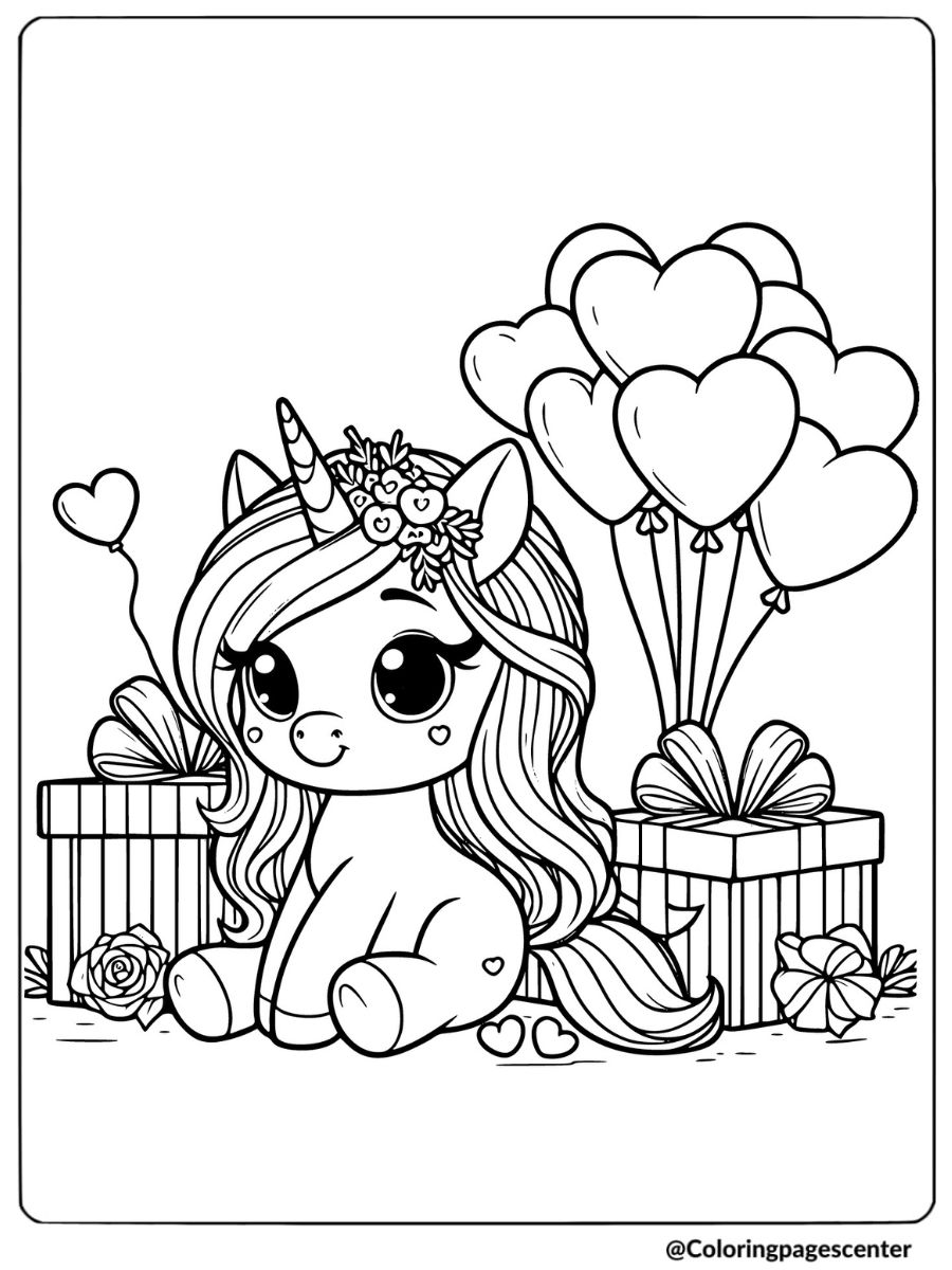 Coloring page of unicorn surrounded by heart balloons