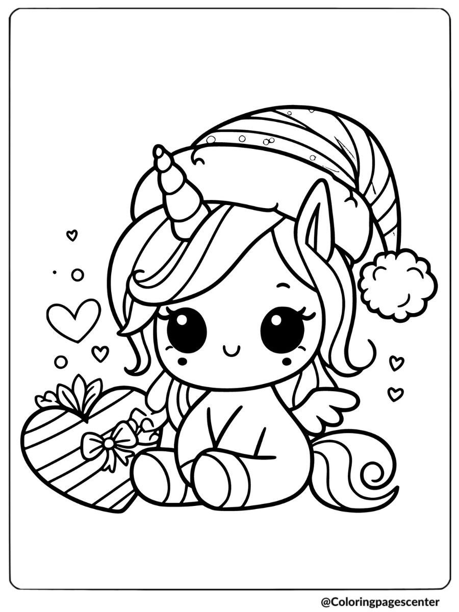 Coloring page of unicorn sitting with heart candy