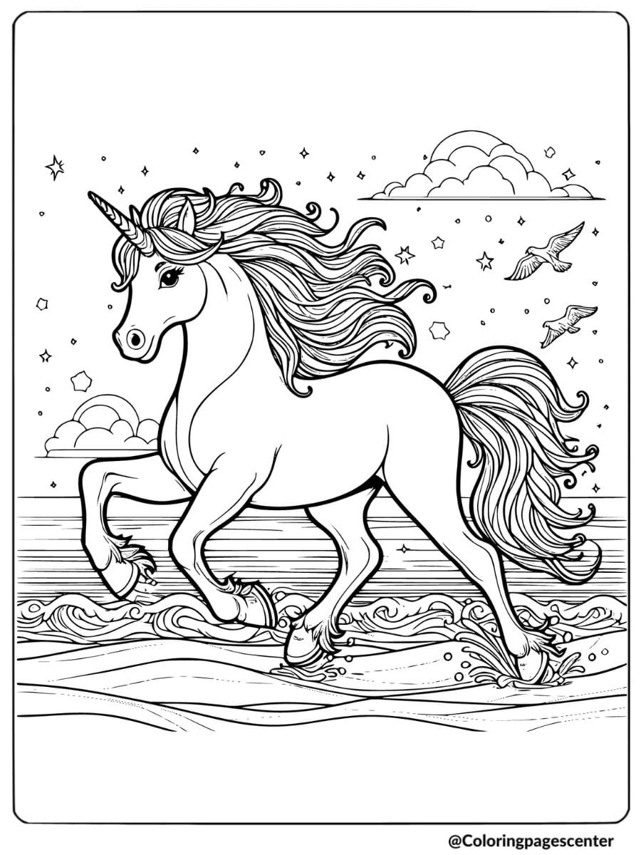 Coloring page of unicorn horse by the sea