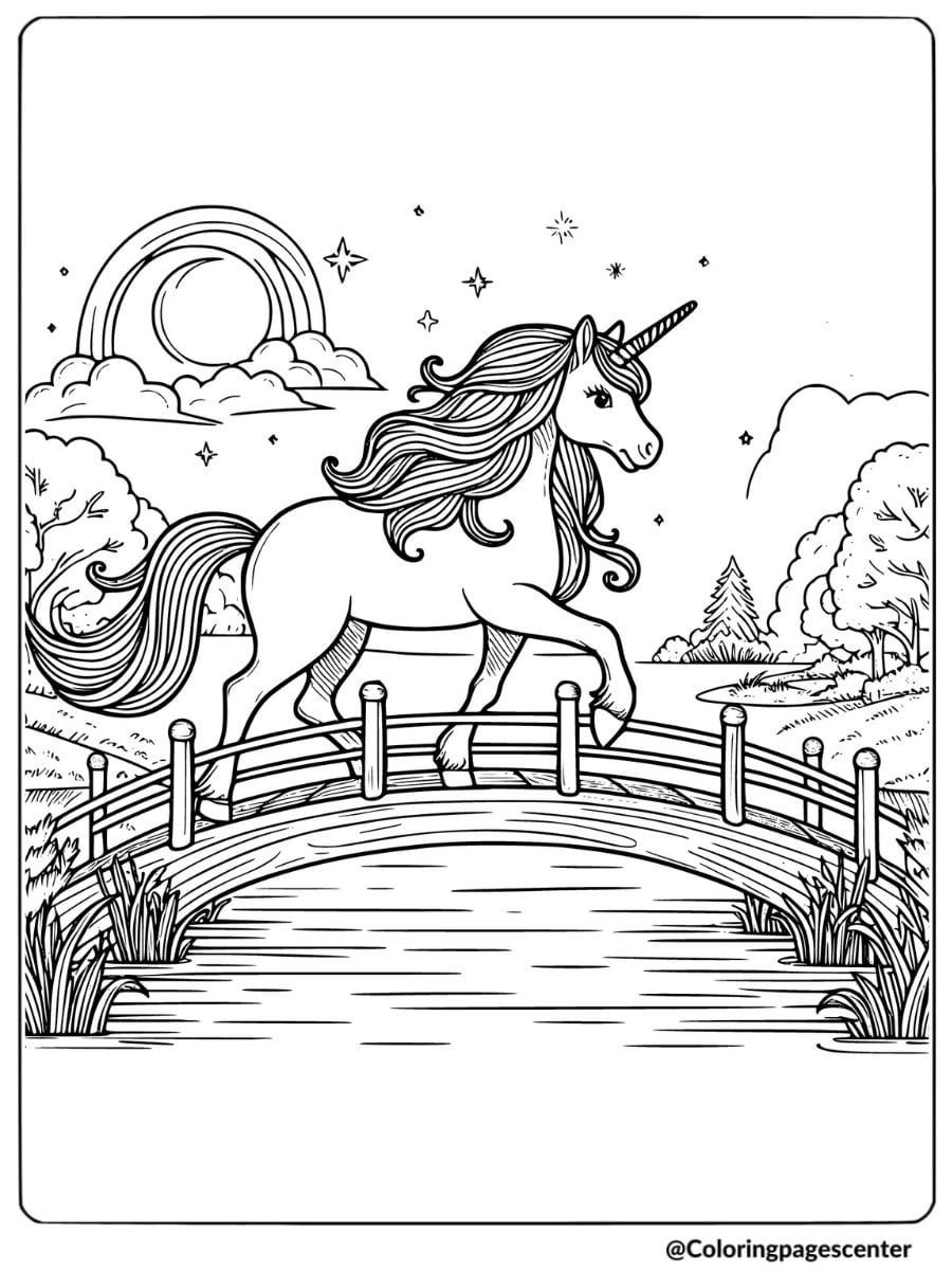 Unicorn horse on bridge coloring page