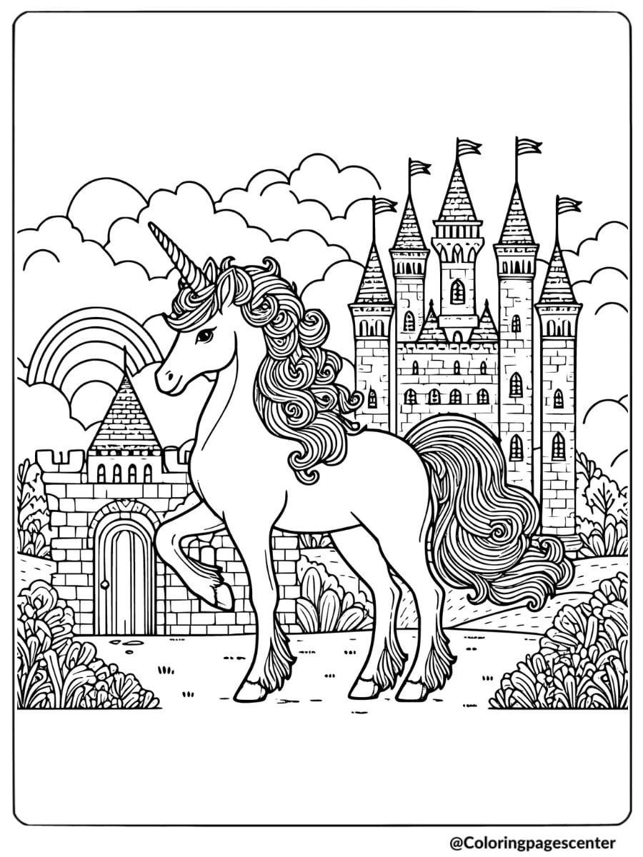 Coloring page of unicorn horse at castle