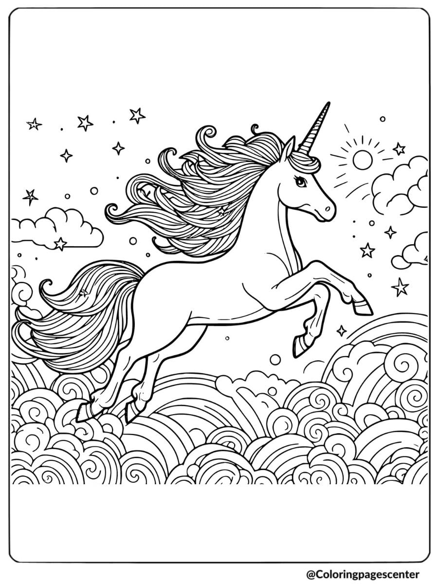 Unicorn horse on clouds coloring page
