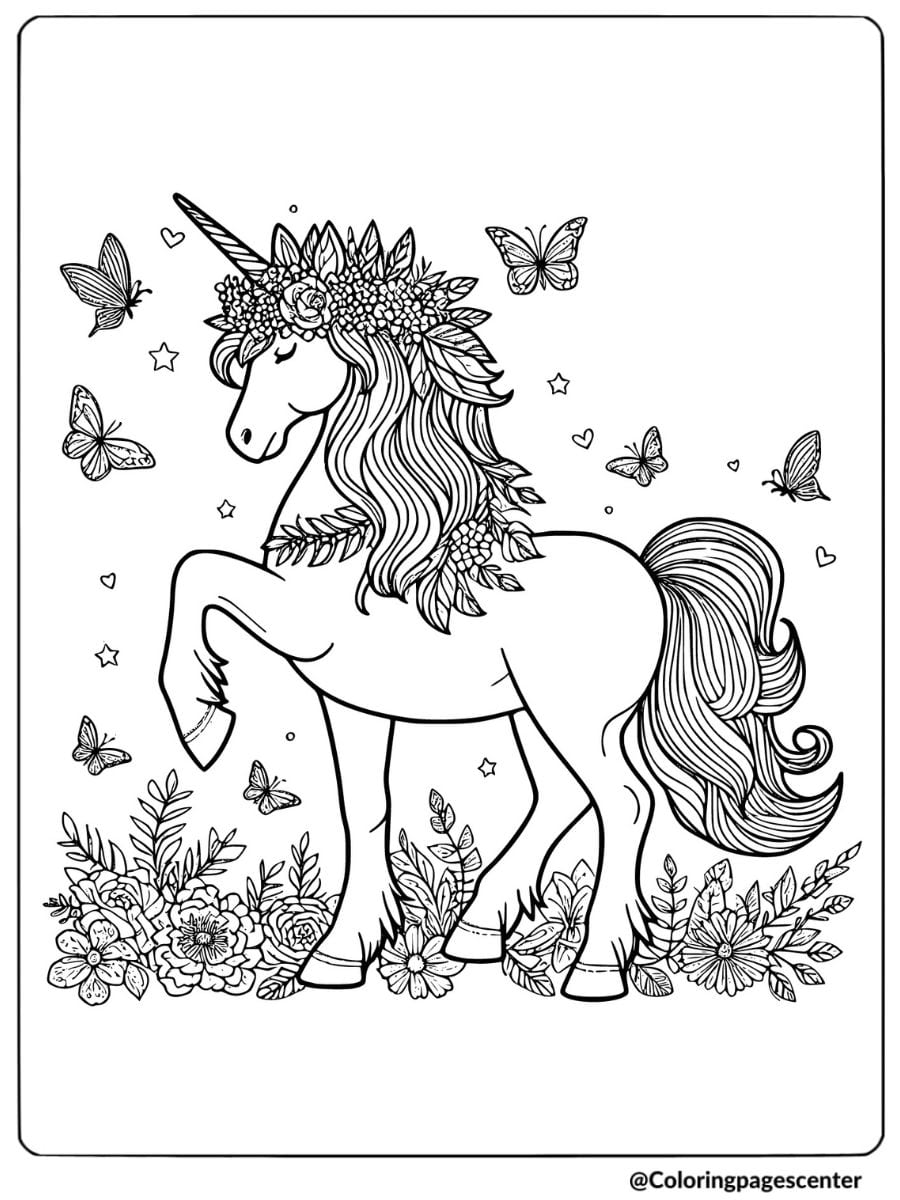 Unicorn horse with flowers coloring page
