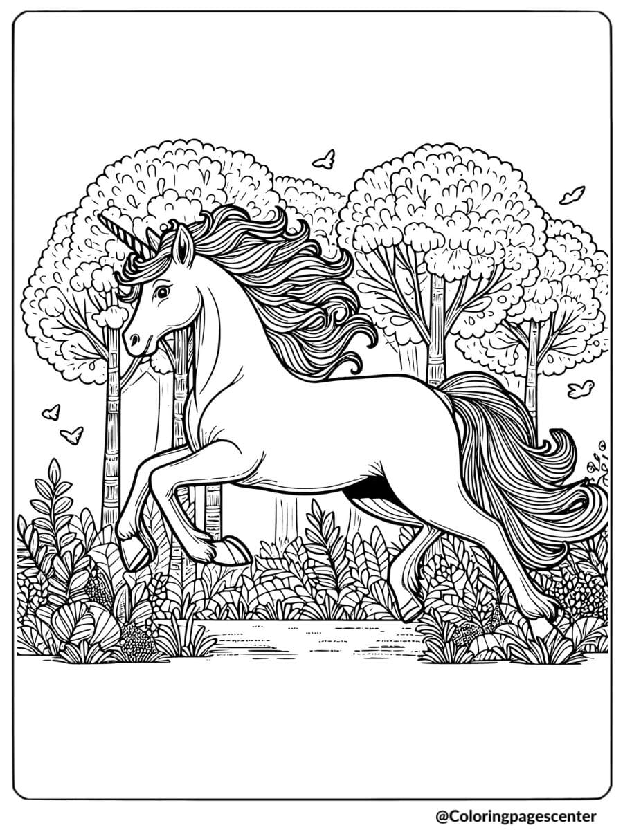 Coloring page of unicorn horse in forest