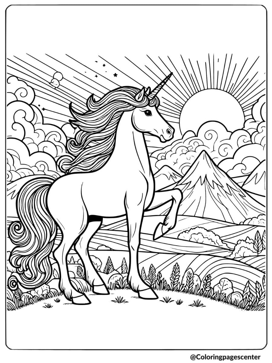 Coloring page of unicorn horse at sunrise
