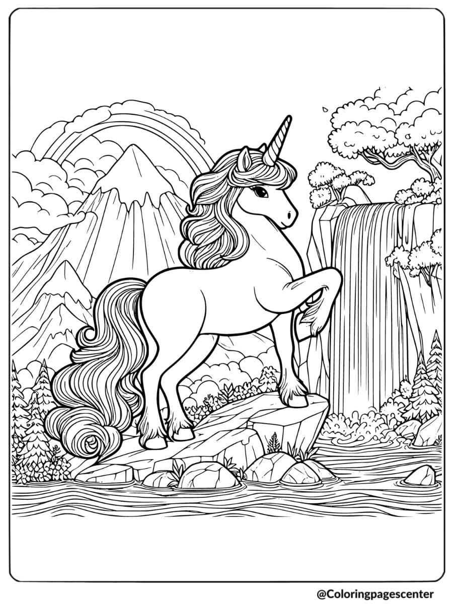 Coloring page of unicorn horse at waterfall