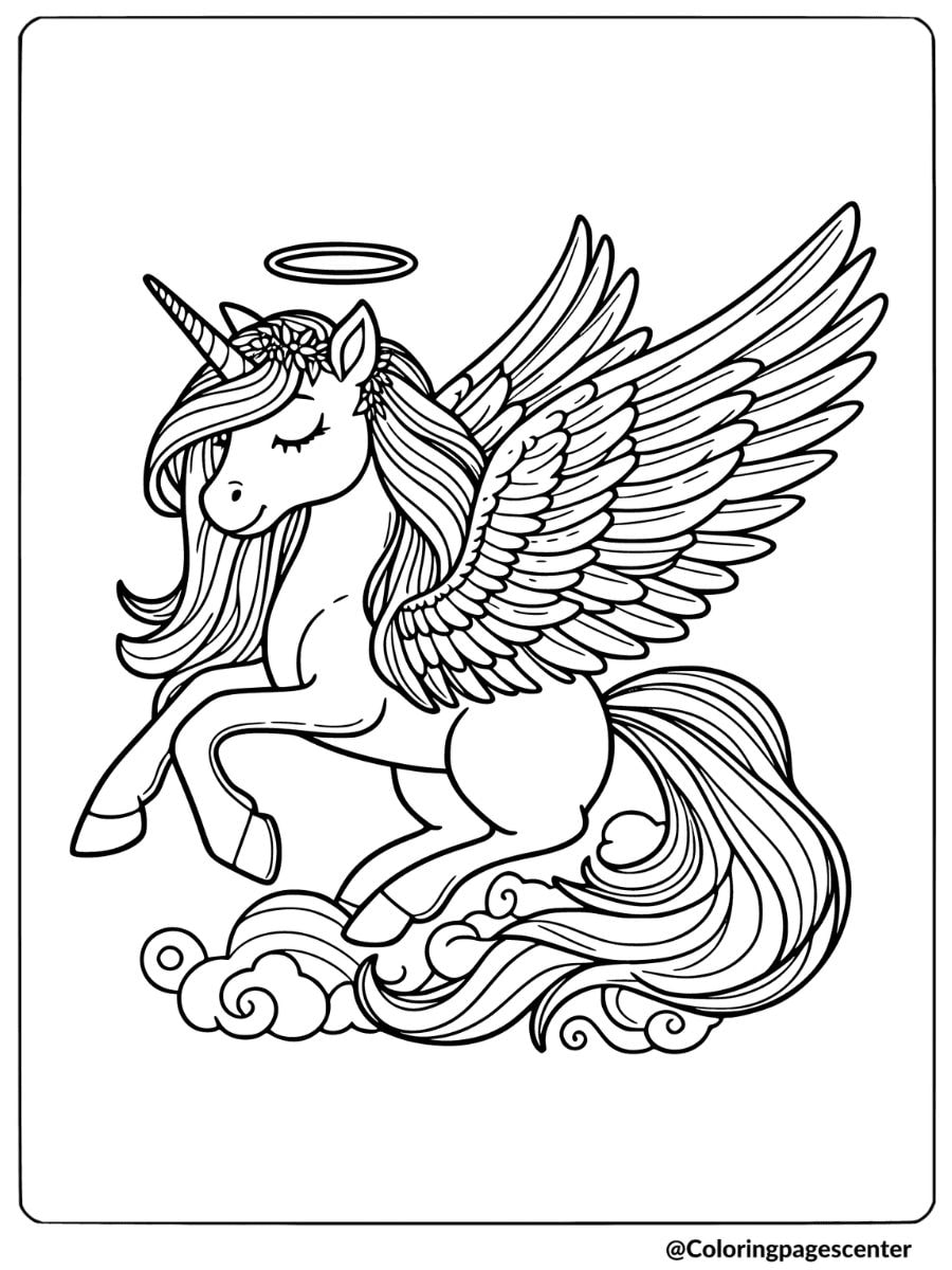 Unicorn pegasus soaring through the clouds coloring page