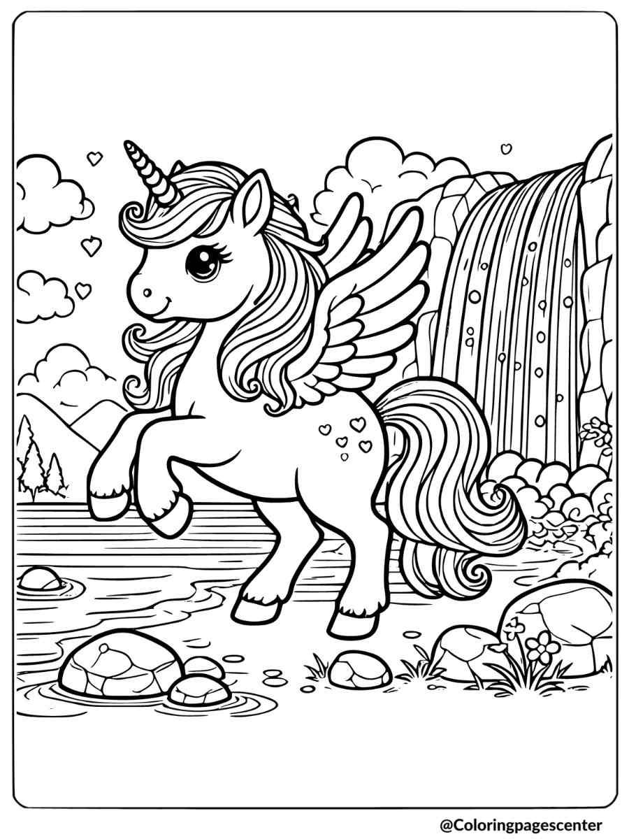 Cute unicorn pegasus standing by a waterfall coloring page