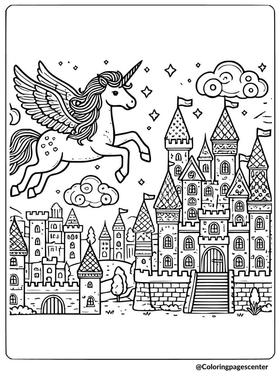 A unicorn pegasus flying near a fantasy castle coloring page