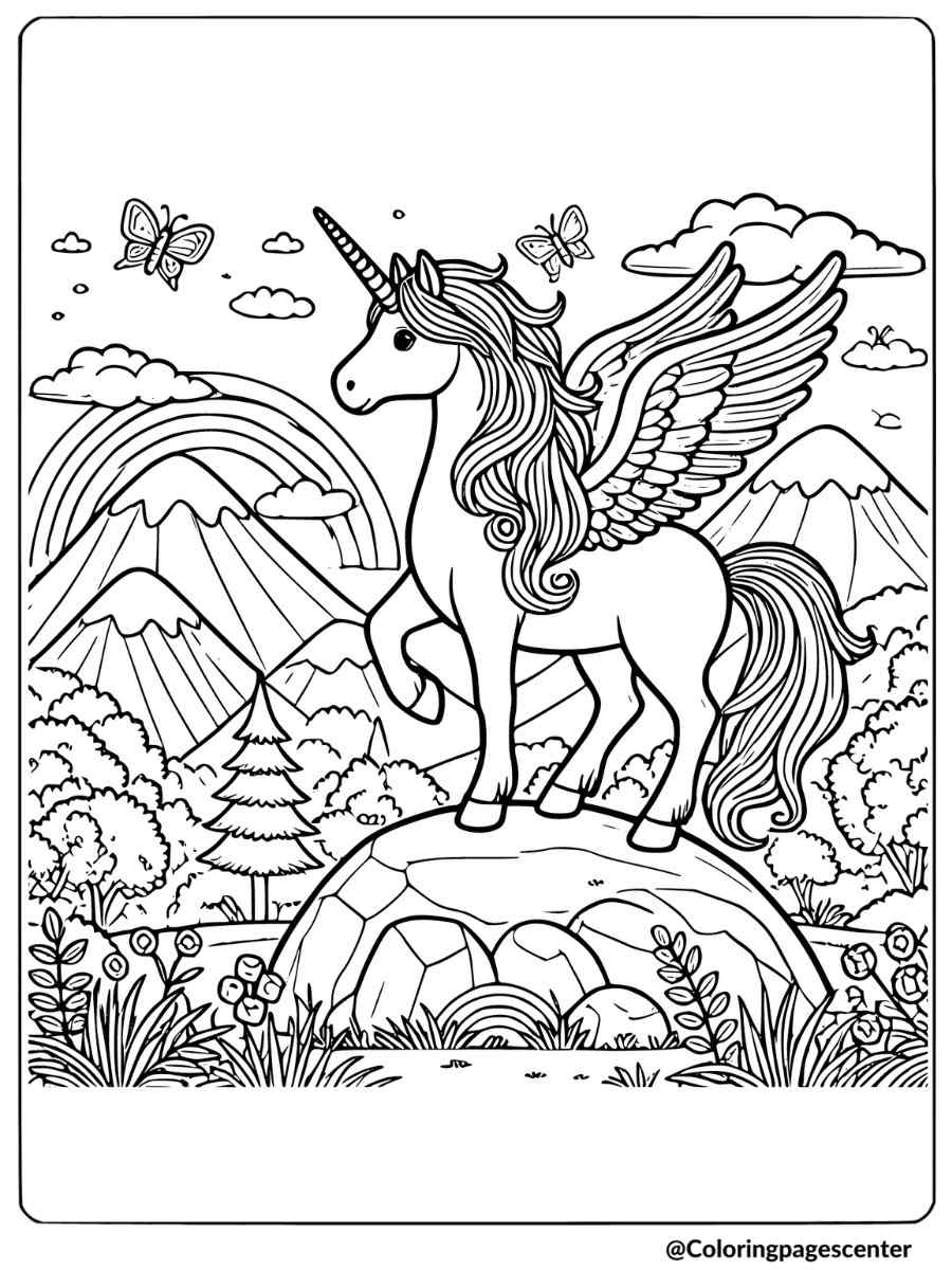 A unicorn pegasus standing on a mountain coloring page