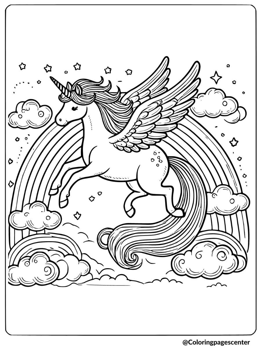 Unicorn pegasus flying across a rainbow and stars coloring page