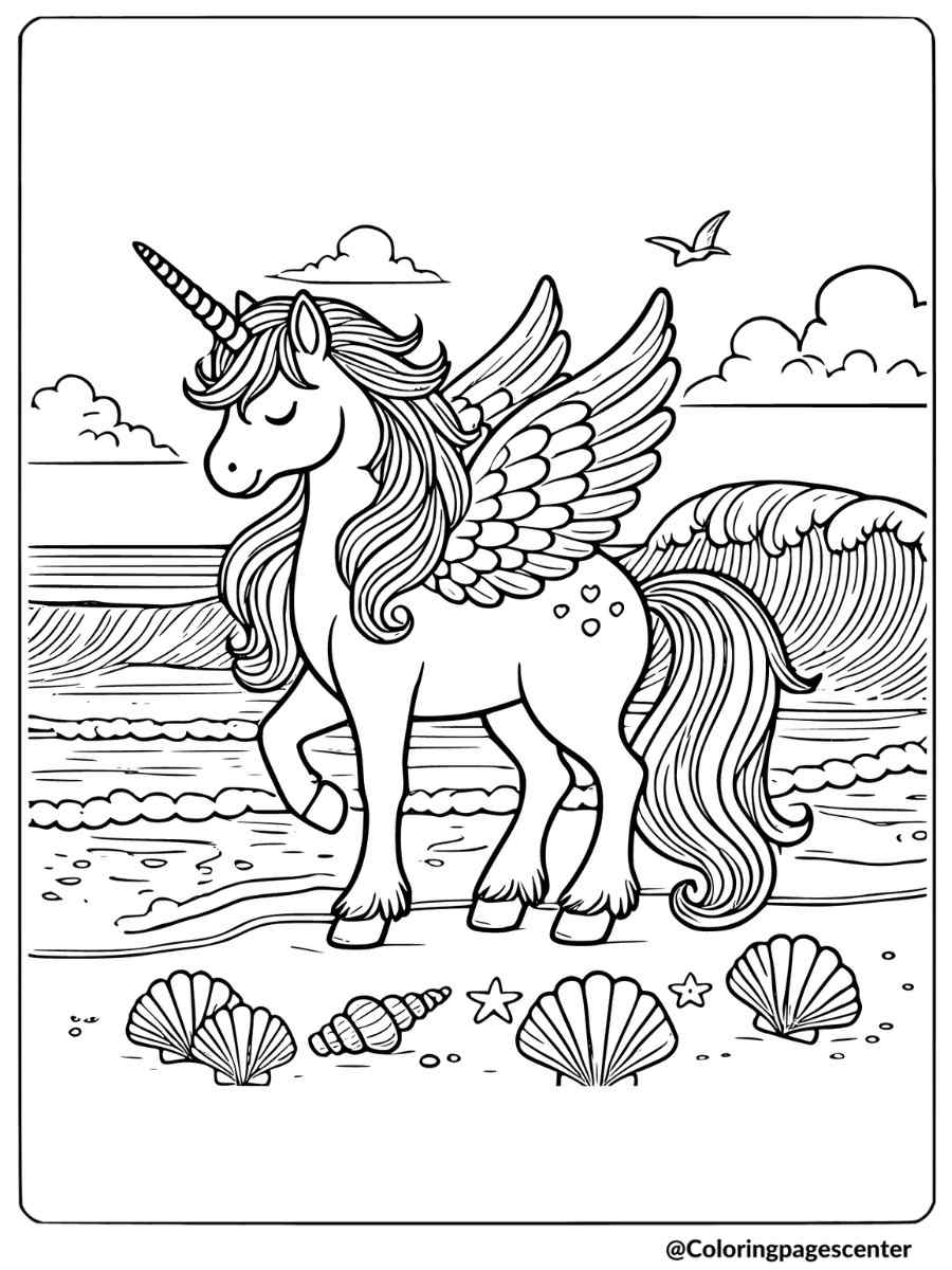 Unicorn pegasus enjoying the beach and seashells coloring page