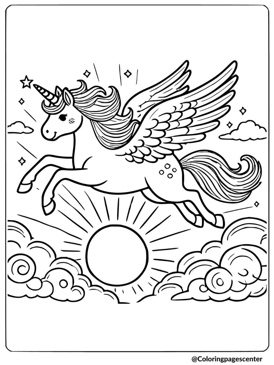 Pegasus unicorn flying in the sky with the sun coloring page