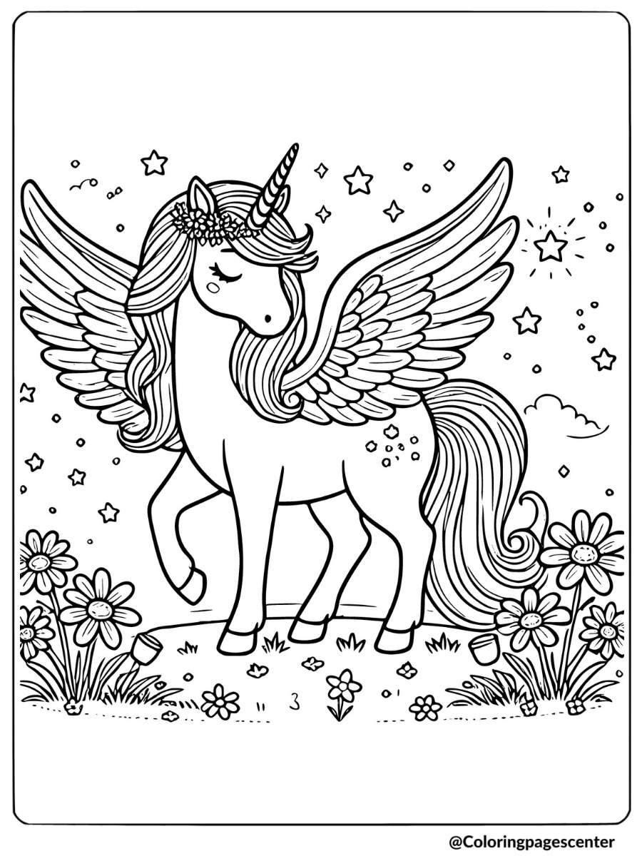 A unicorn pegasus standing among flowers coloring page