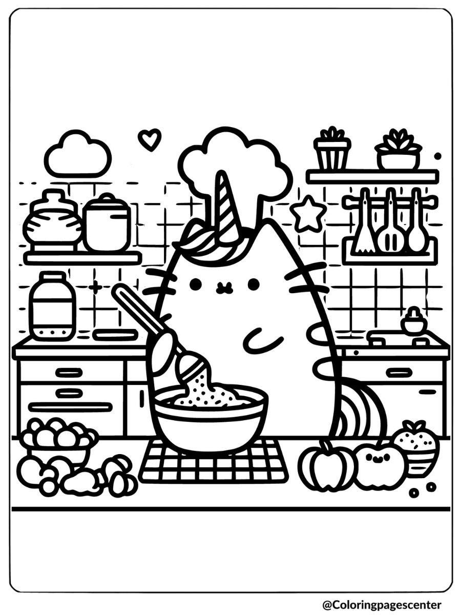 Unicorn Pusheen baking with ingredients coloring page