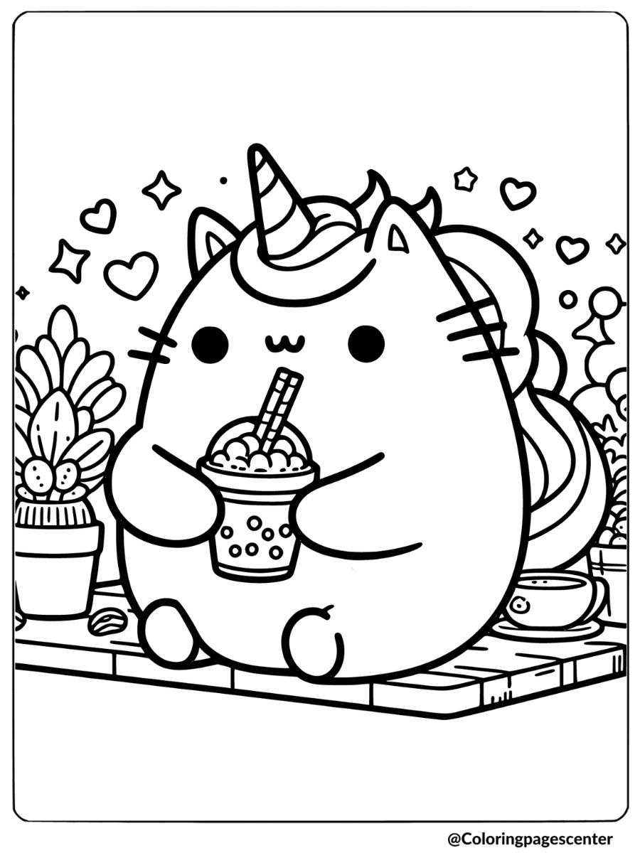 Unicorn Pusheen drinking boba tea coloring page