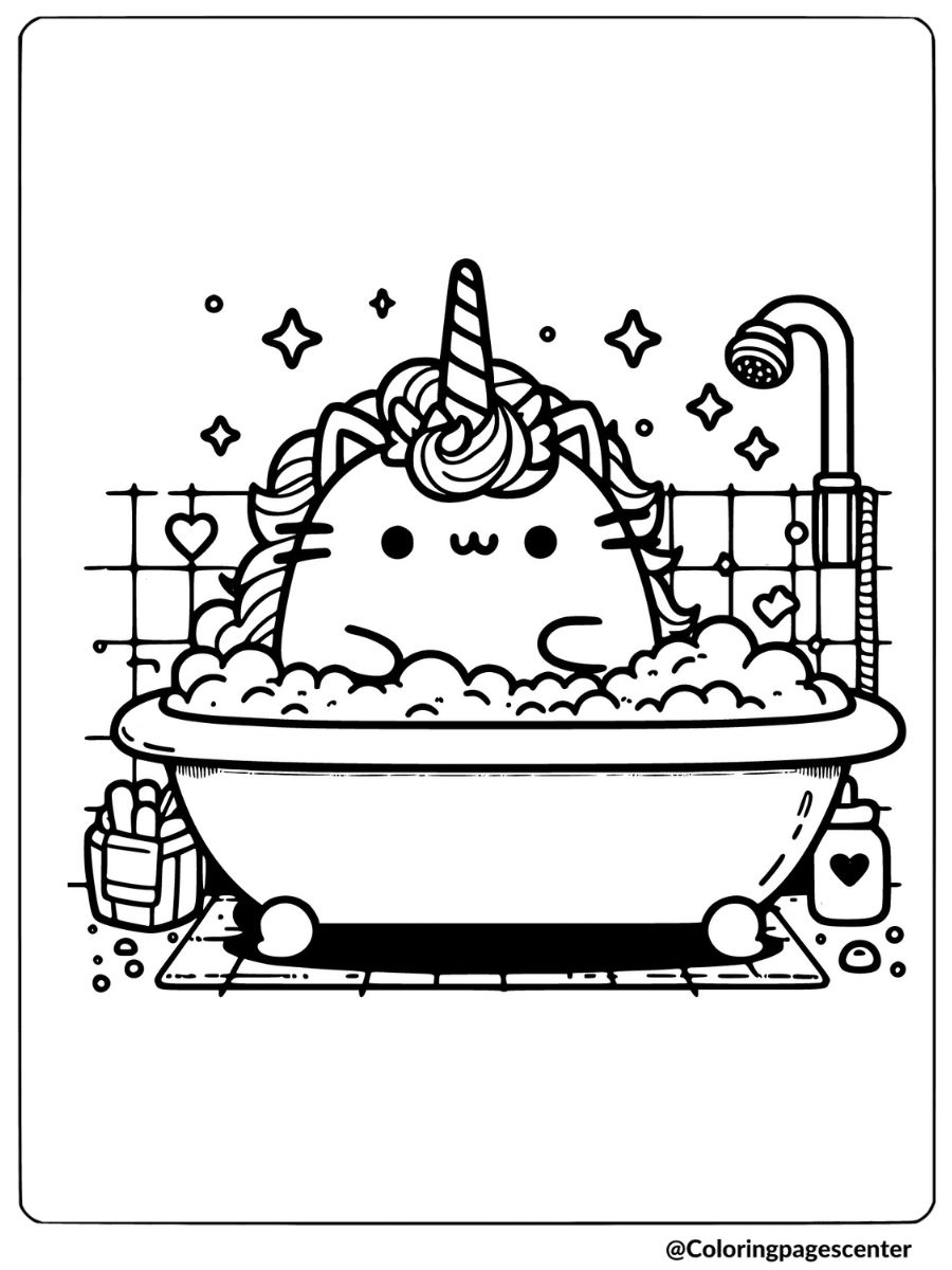 Unicorn Pusheen enjoying a bubbly bath coloring page