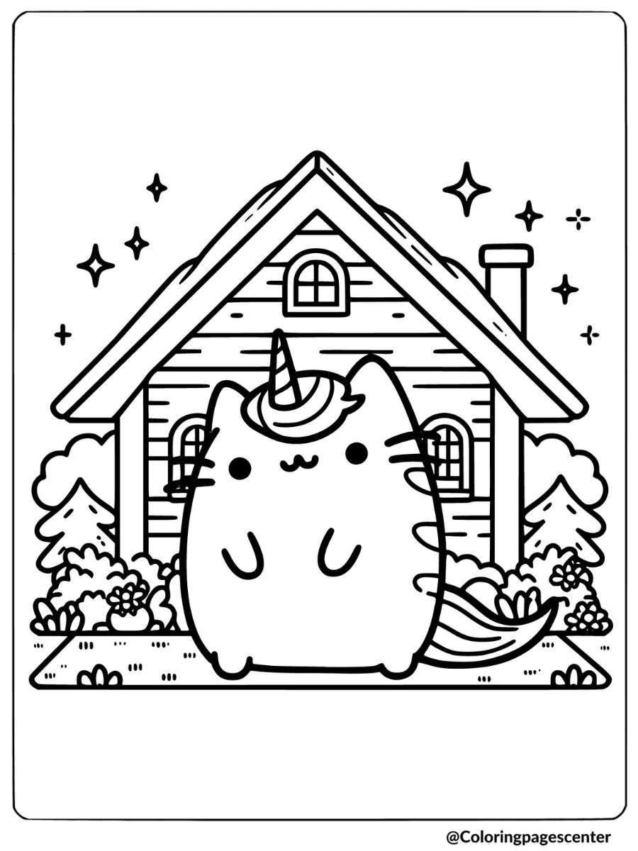 Unicorn Pusheen standing in front of a house coloring page