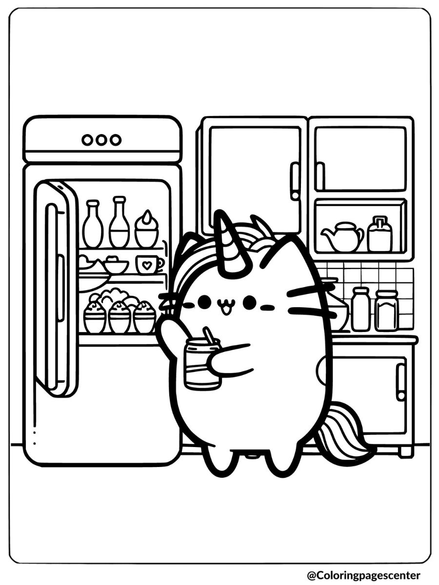 Unicorn Pusheen grabbing a snack from the fridge coloring page