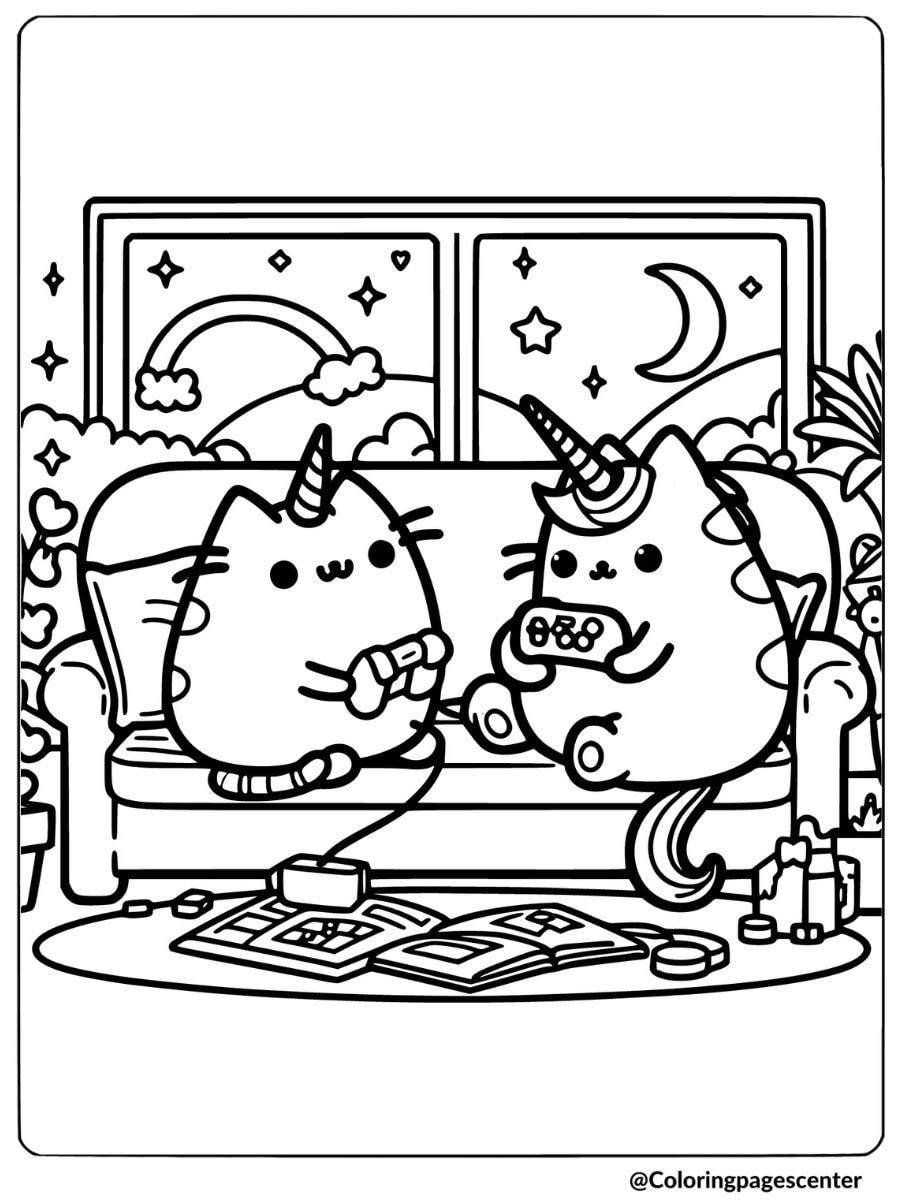 Two Unicorn Pusheens playing video games coloring page