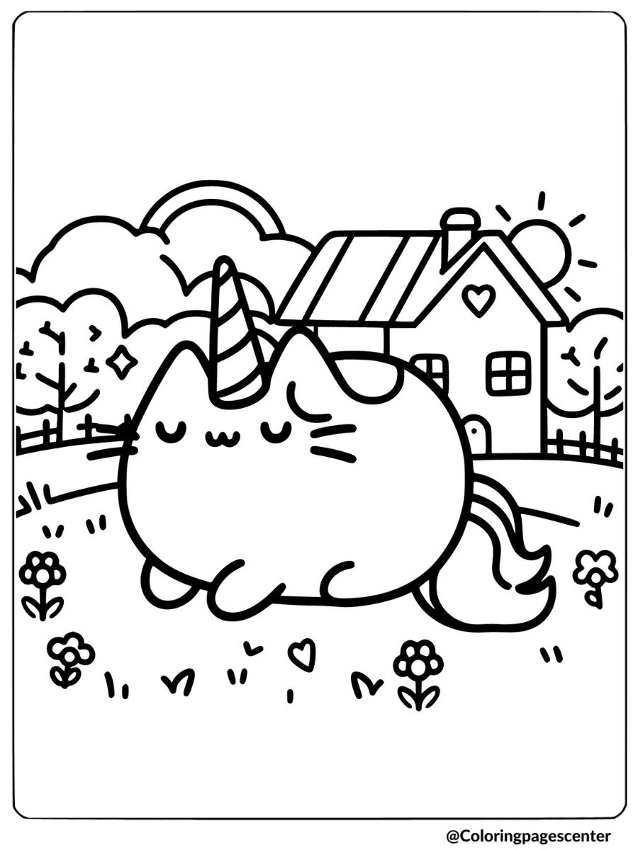 Unicorn Pusheen enjoying the sun outside coloring page