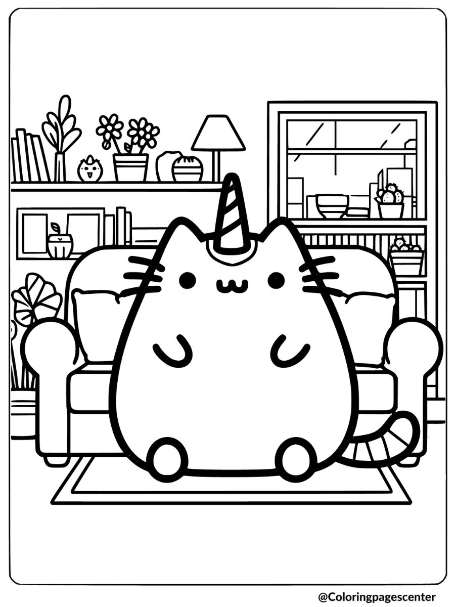 Unicorn Pusheen sitting in a cozy living room coloring page