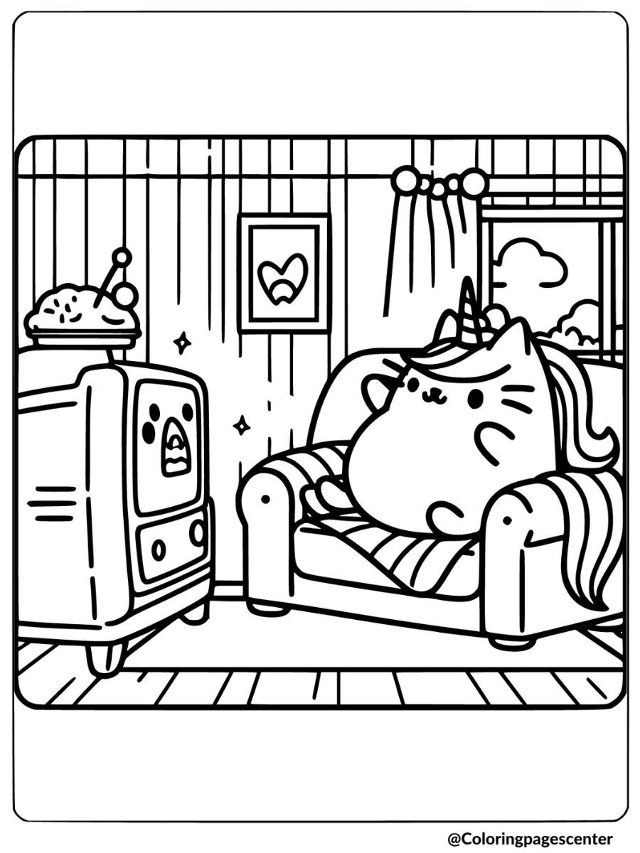 Unicorn Pusheen on the couch watching TV coloring page