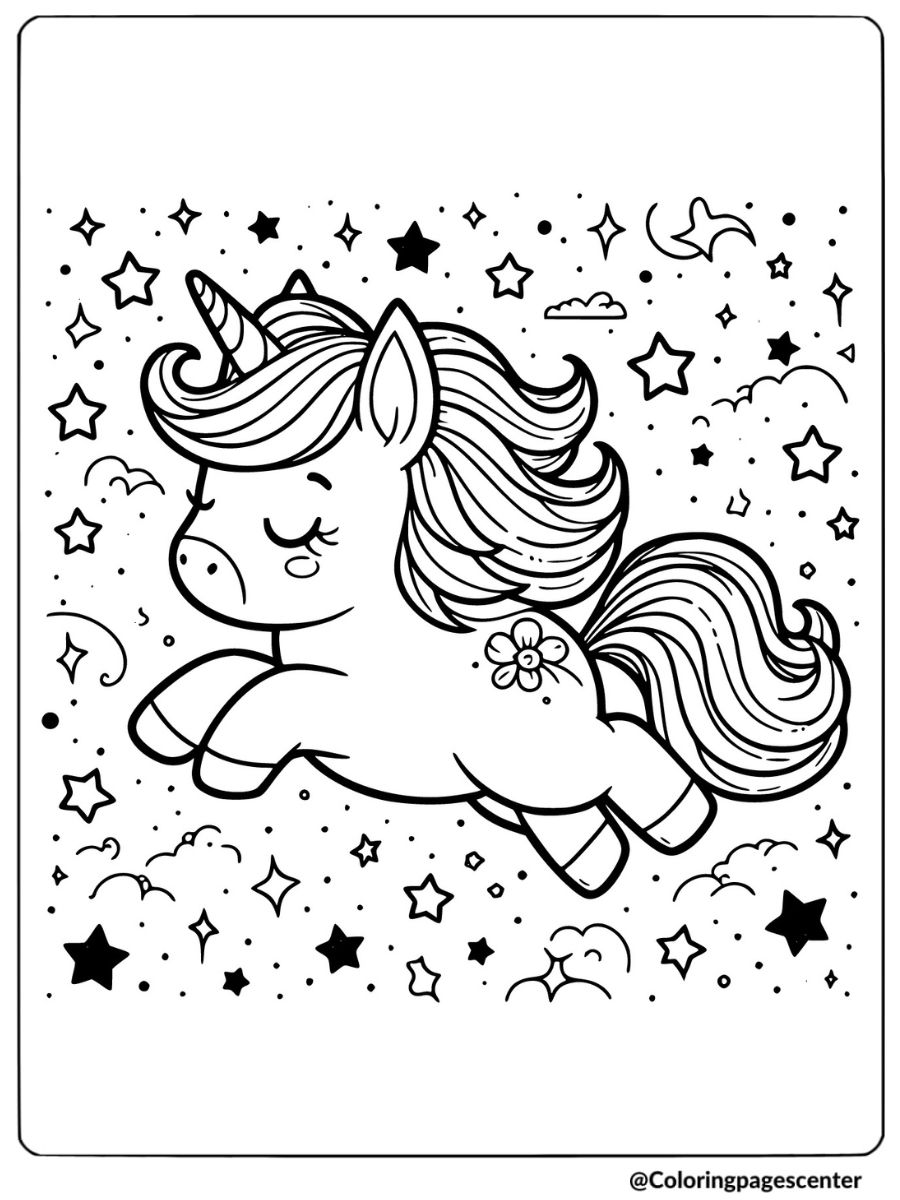 Flying unicorn with stars coloring page for kids