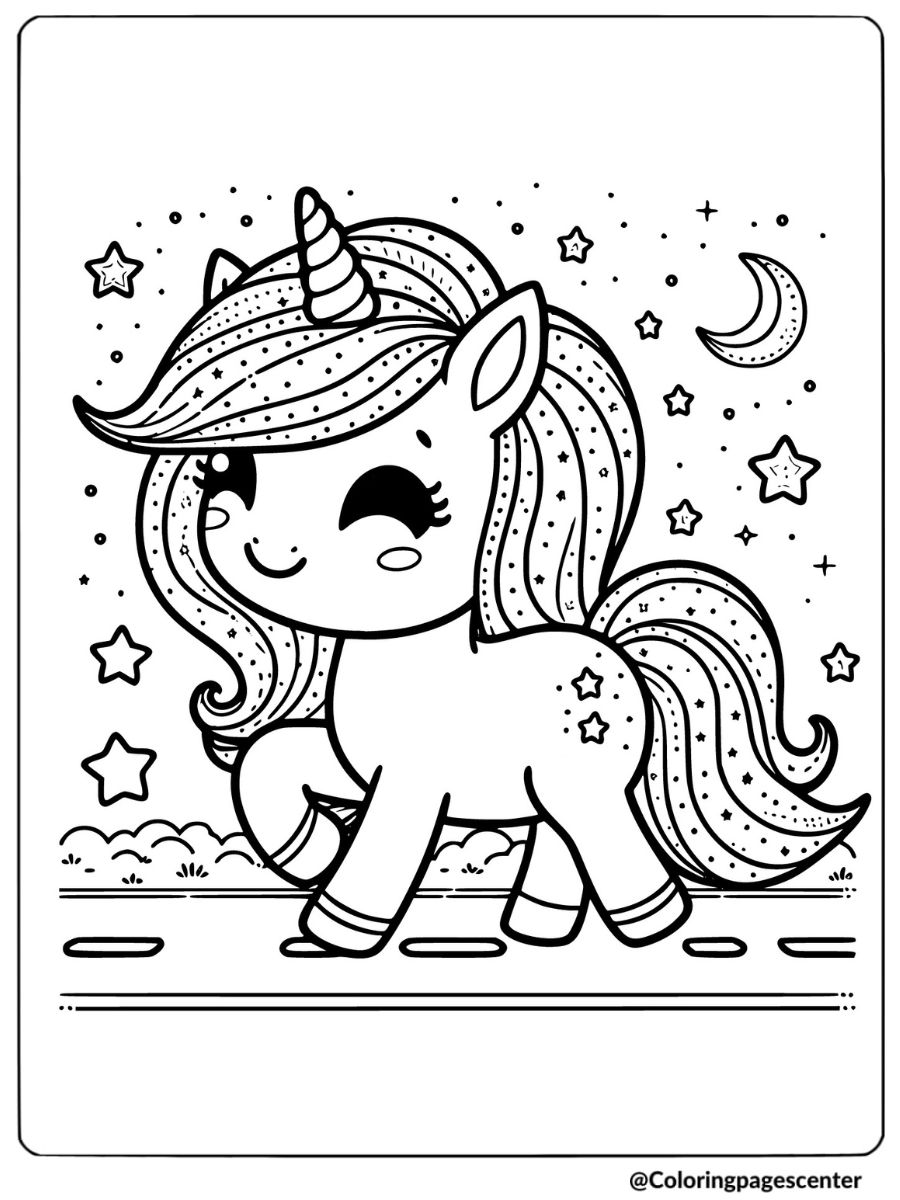 Unicorn walking with stars coloring page