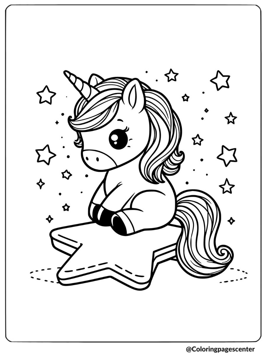 Unicorn sitting on a star coloring page