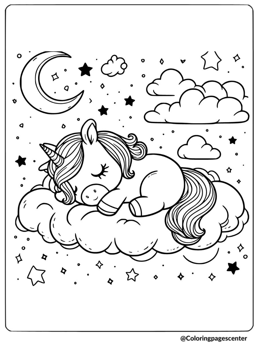 Sleeping unicorn on a cloud surrounded by stars coloring page