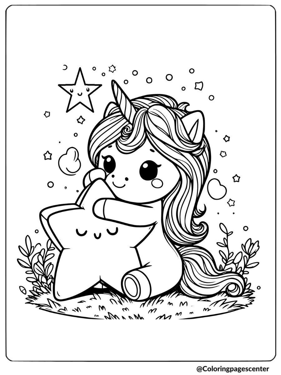 Adorable unicorn hugging a star coloring page