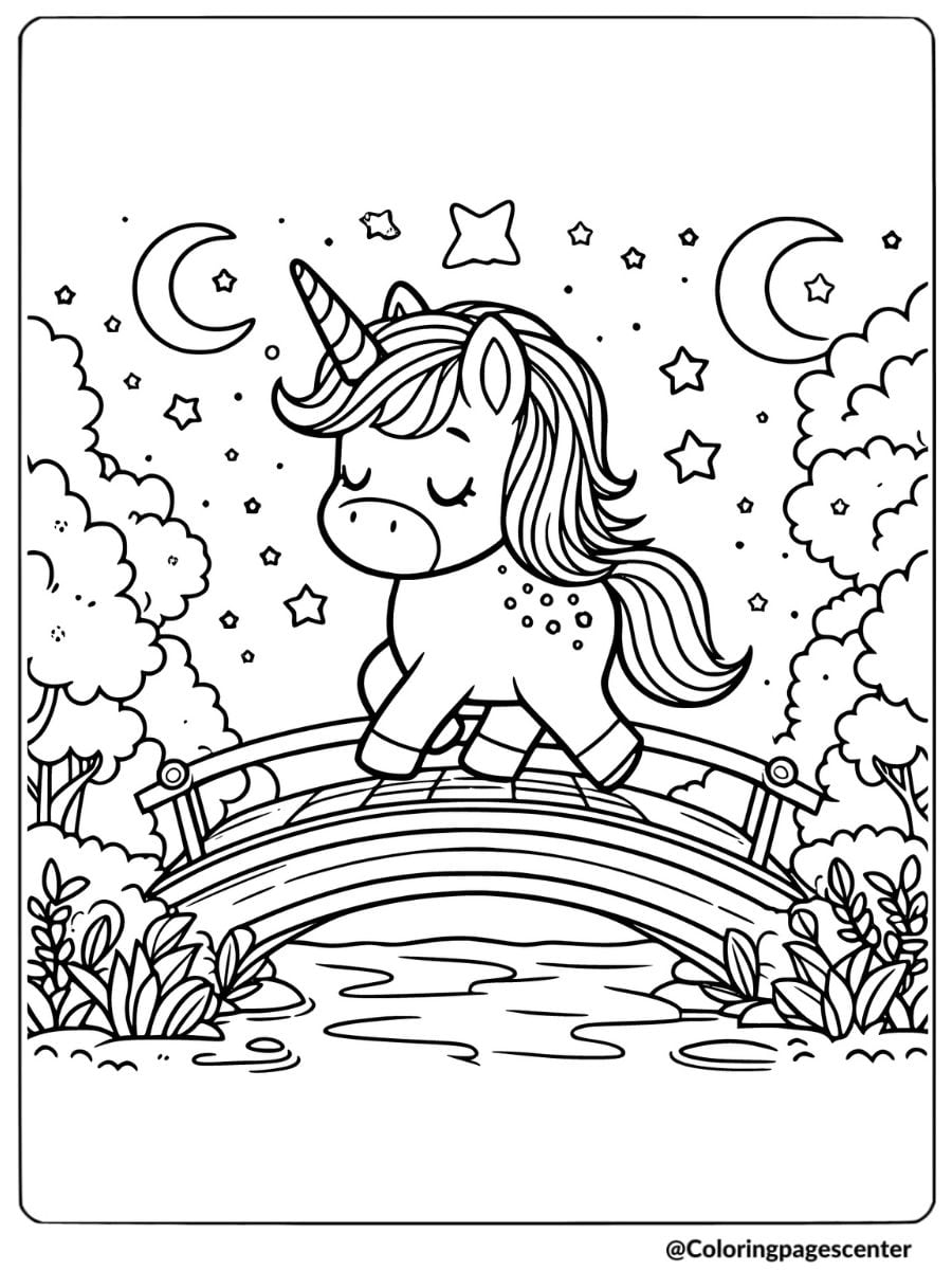 Unicorn on a bridge at night with stars coloring page