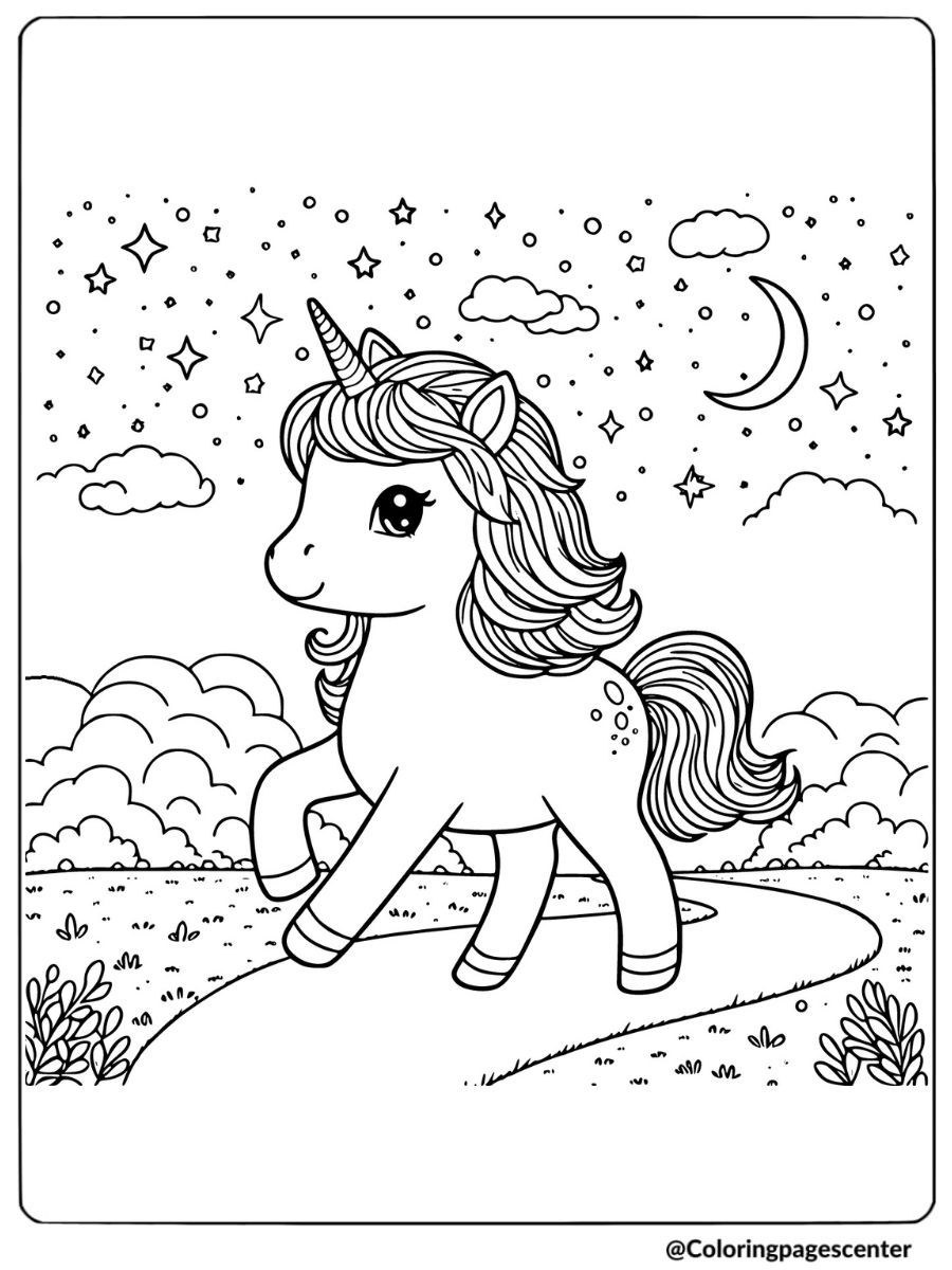 Unicorn walking under stars on a path coloring page