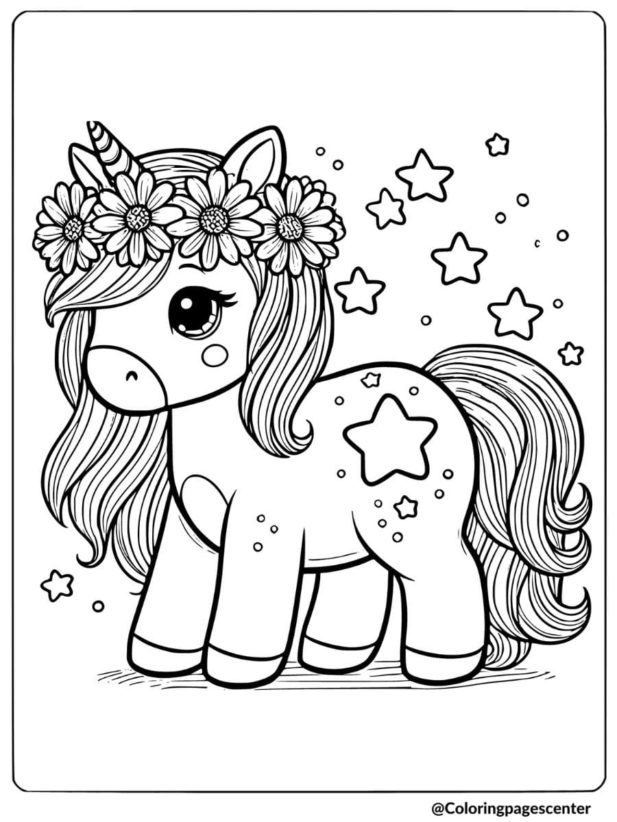 Unicorn with flower crown and stars coloring page