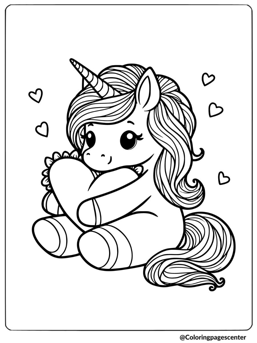 Baby unicorn holding Valentine heart coloring page