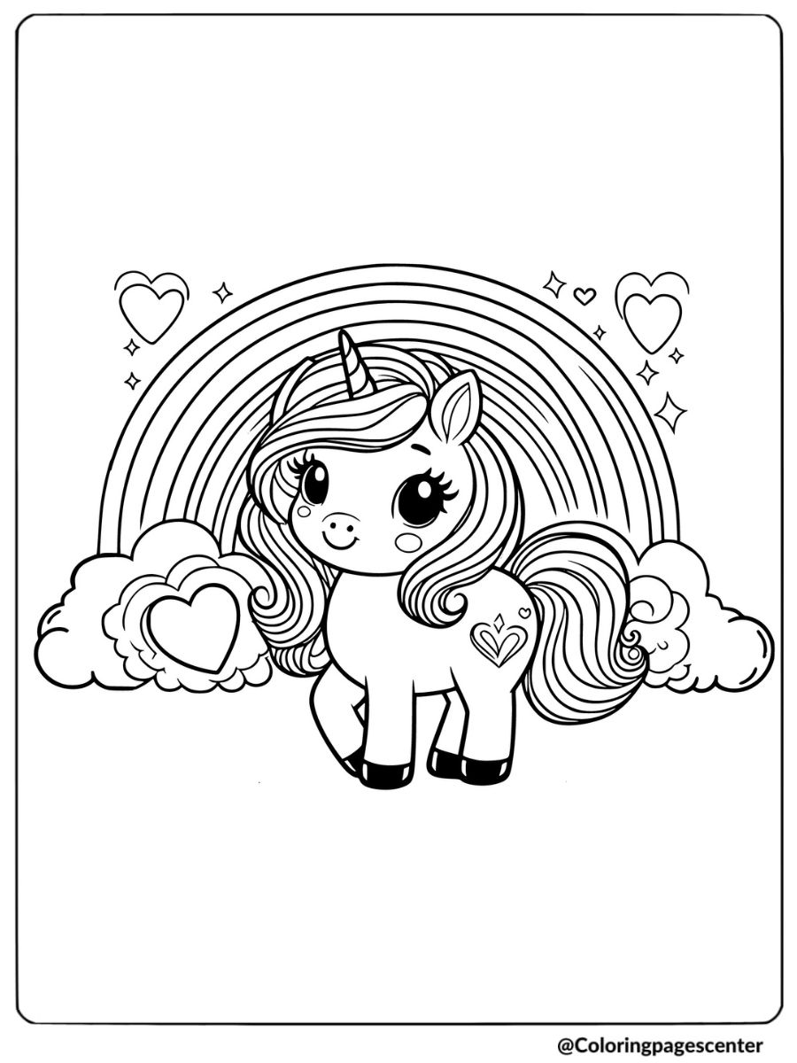 Unicorn with rainbow and heart clouds Valentine coloring page