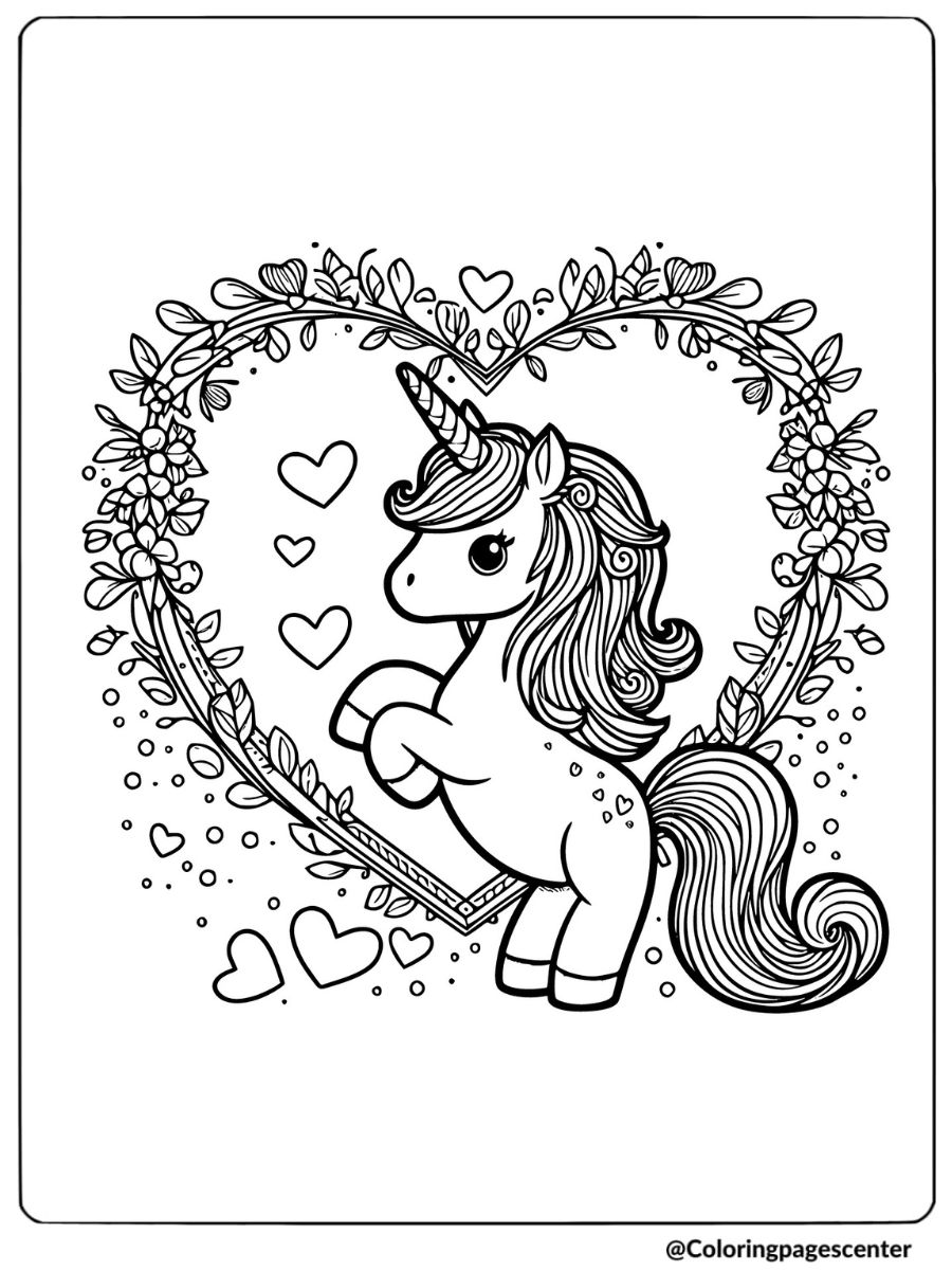 Unicorn in front of Valentine wreath coloring page